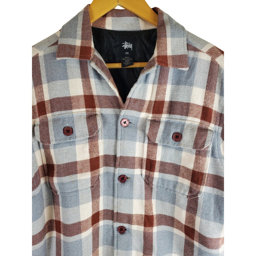 Stüssy Women's Small Quilted Flannel Jacket Blue Burgundy Plaid Cotton Lined